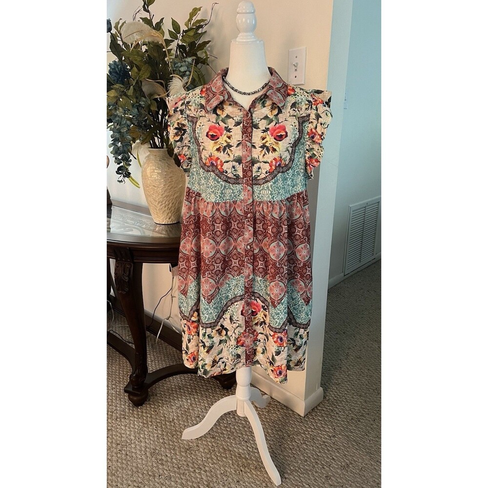 UMGEE Boho Floral Print Dress Large L Flutter Sleeve Tiered Patchwork Pockets